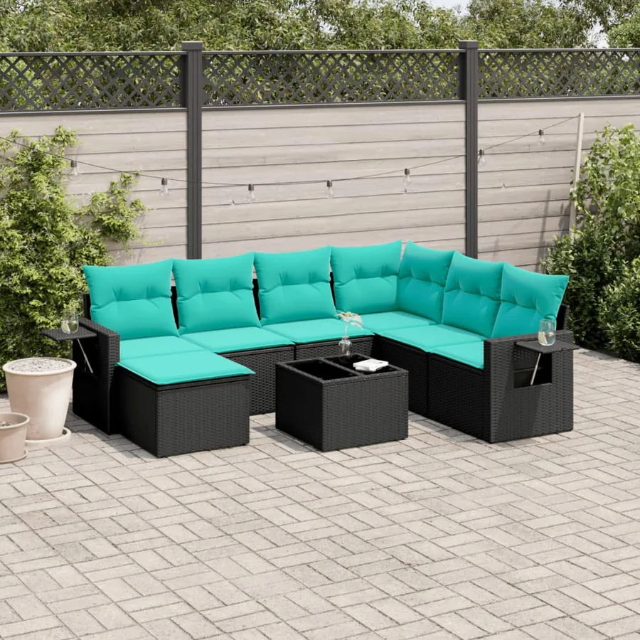Ensemble de canapé de jardin 8 pcs avec coussins noir résine tressée