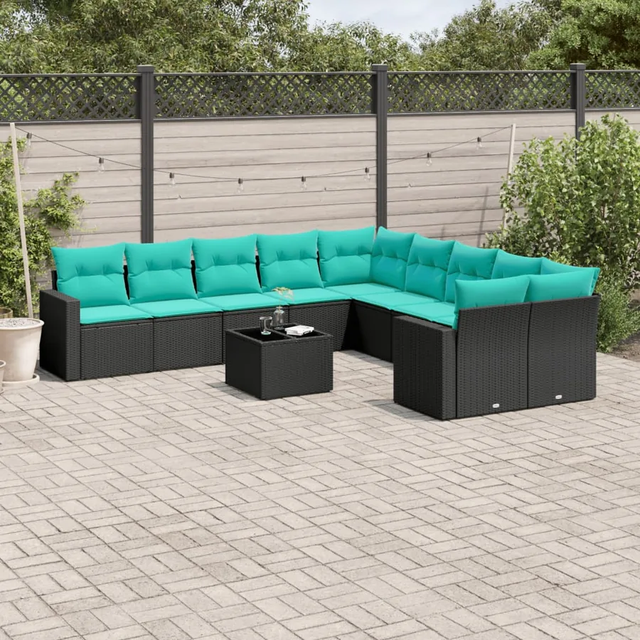 Salon de jardin 11 pcs avec coussins noir résine tressée