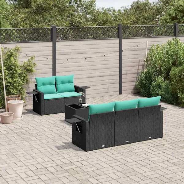Ensemble de canapé de jardin 6 pcs avec coussins noir résine tressée