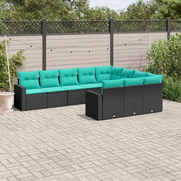 Salon de jardin 10 pcs avec coussins noir résine tressée