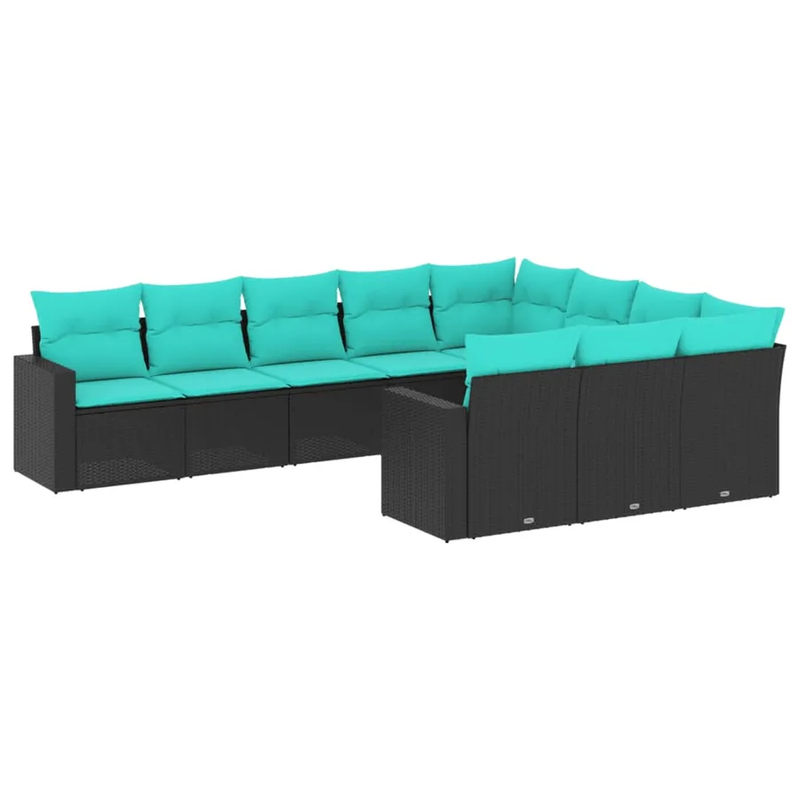 Salon de jardin 10 pcs avec coussins noir résine tressée - 2