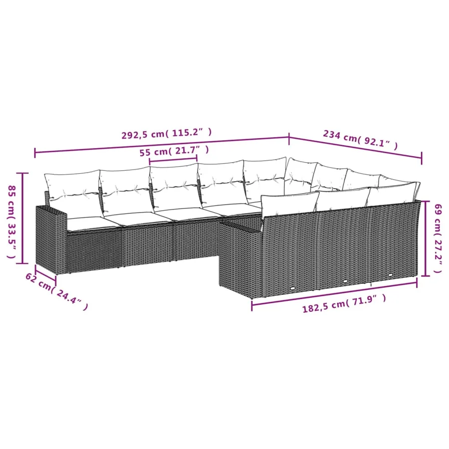 Salon de jardin 10 pcs avec coussins noir résine tressée - 7