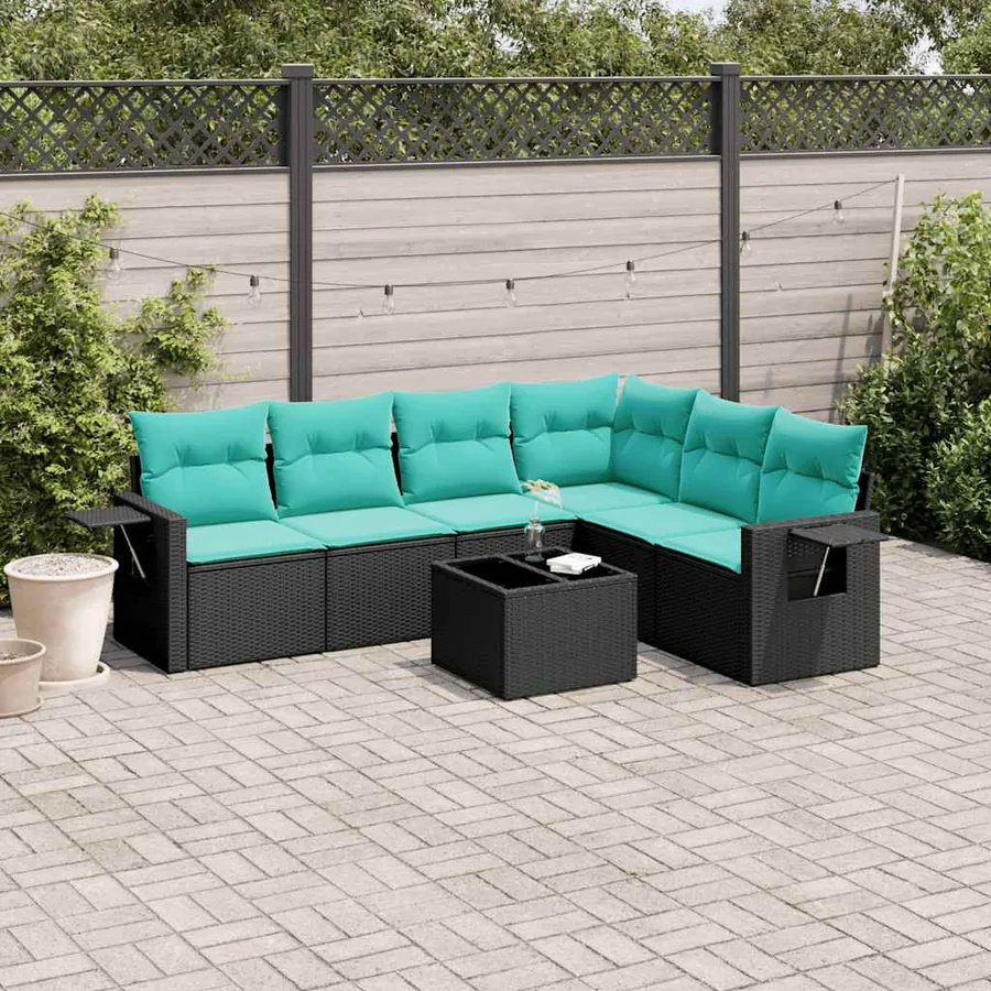 Ensemble de canapé de jardin 7 pcs avec coussins noir résine tressée