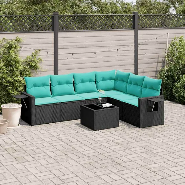 Ensemble de canapé de jardin 7 pcs avec coussins noir résine tressée