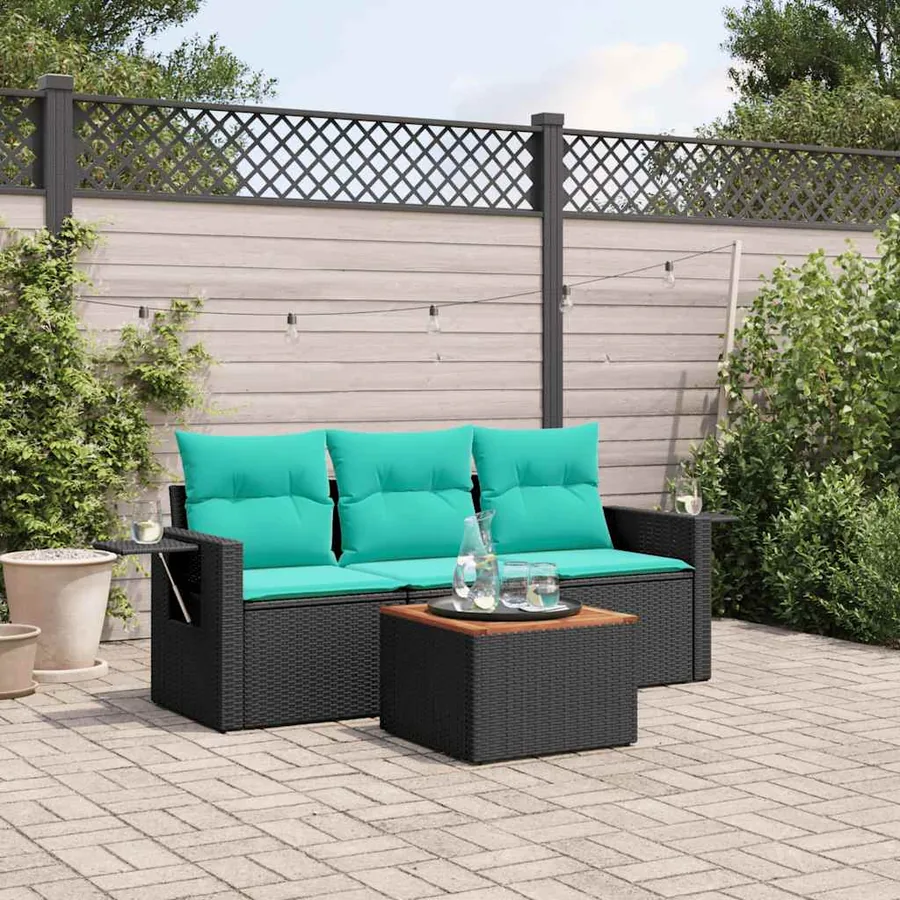 Ensemble de canapé de jardin 4 pcs avec coussins noir résine tressée