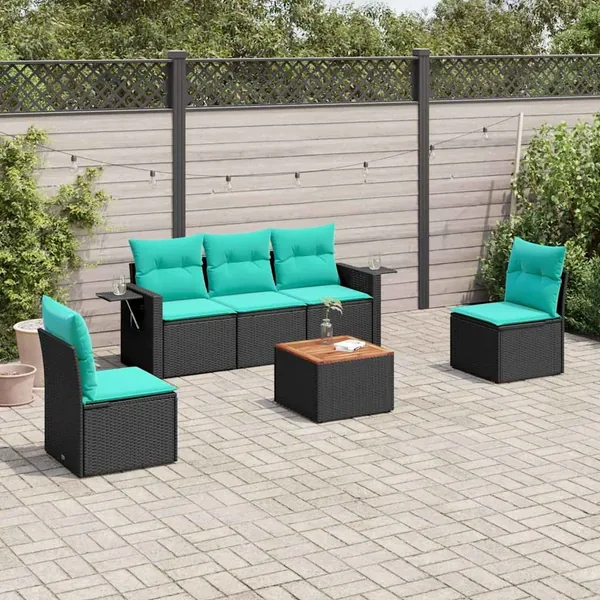 Ensemble de canapé de jardin 6 pcs avec coussins noir résine tressée