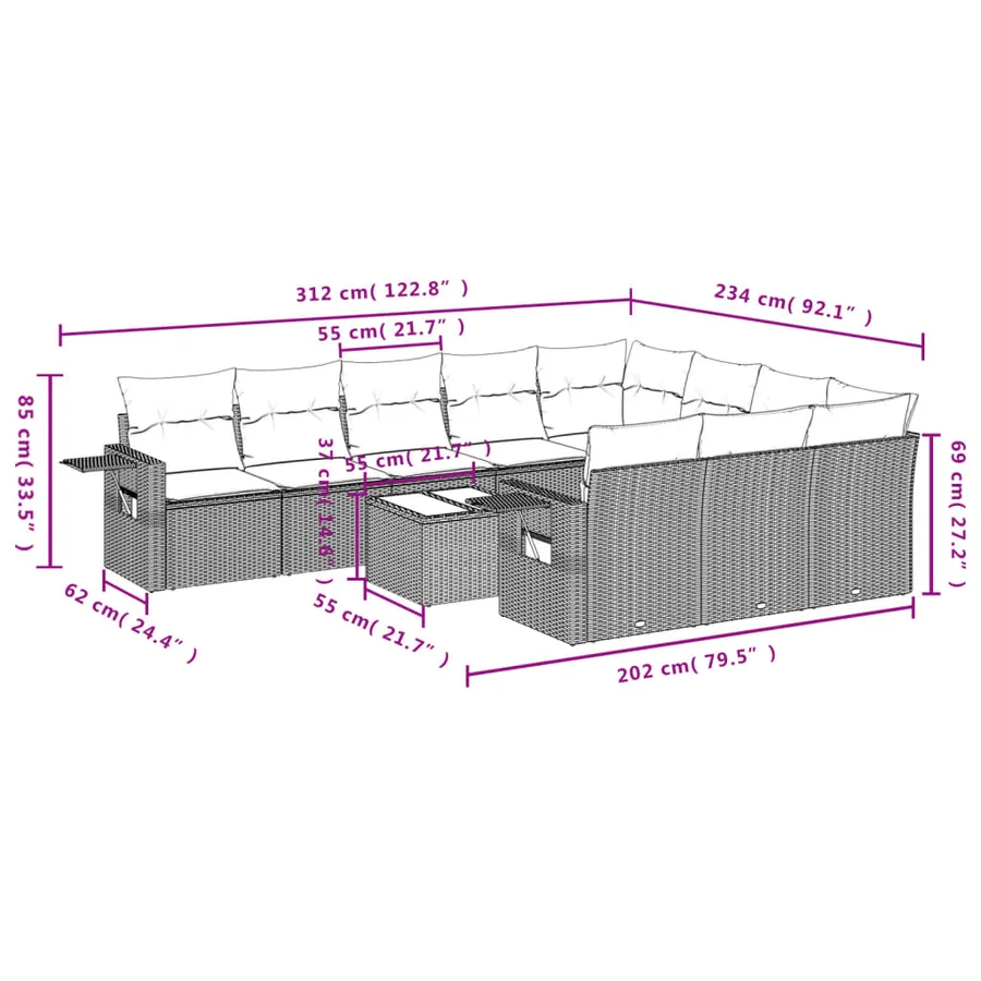 Ensemble de canapé de jardin 11 pcs avec coussins noir résine tressée - 9