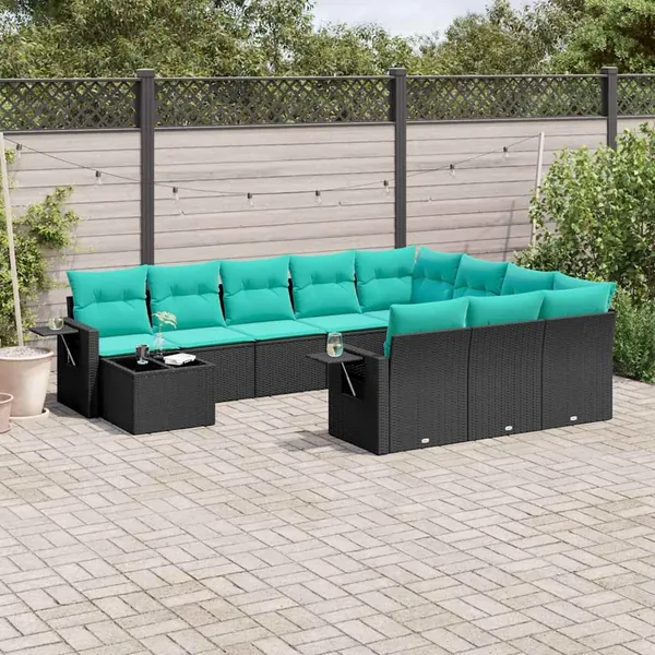 Ensemble de canapé de jardin 11 pcs avec coussins noir résine tressée
