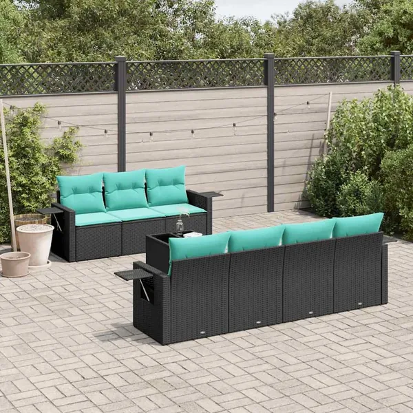 Ensemble de canapé de jardin 8 pcs avec coussins noir résine tressée
