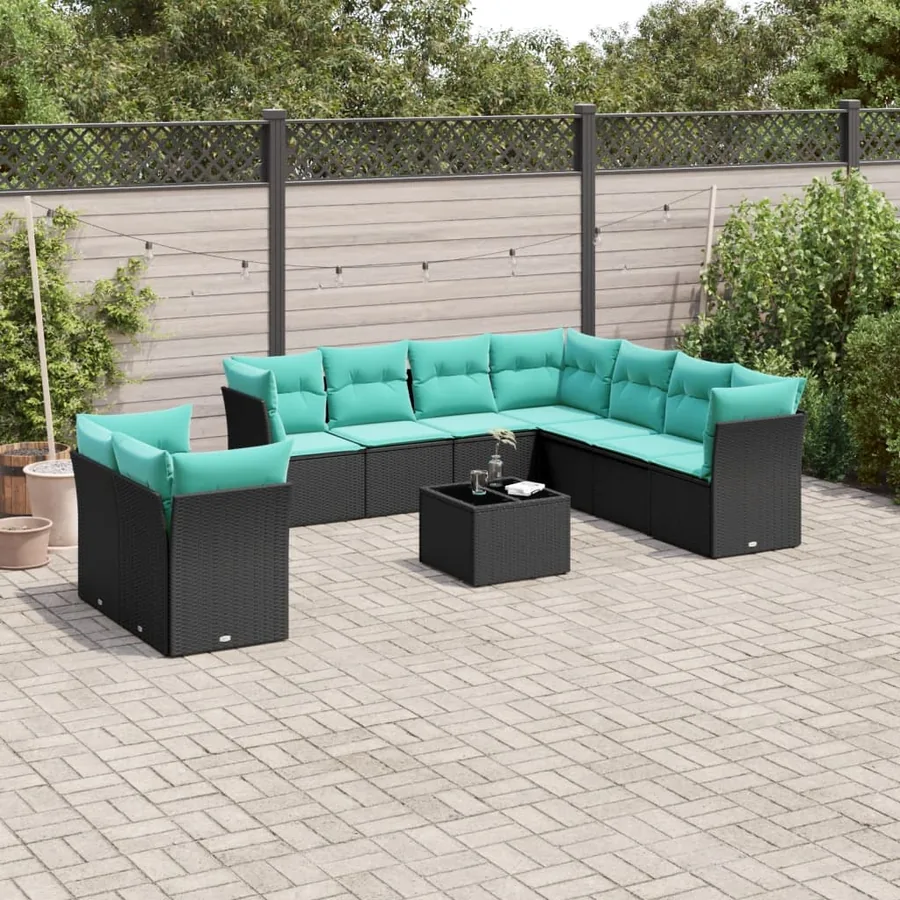 Ensemble de canapé de jardin 10 pcs avec coussins noir résine tressée