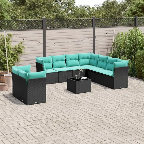 Ensemble de canapé de jardin 10 pcs avec coussins noir résine tressée
