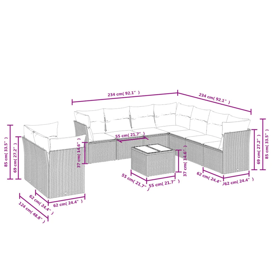 Ensemble de canapé de jardin 10 pcs avec coussins noir résine tressée - 7