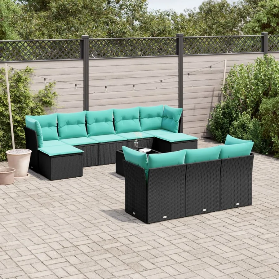 Ensemble de canapé de jardin 11 pcs avec coussins noir résine tressée