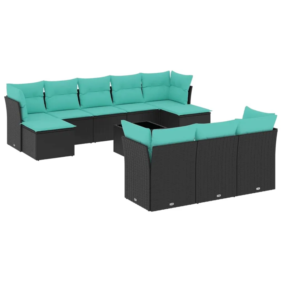 Ensemble de canapé de jardin 11 pcs avec coussins noir résine tressée - 2
