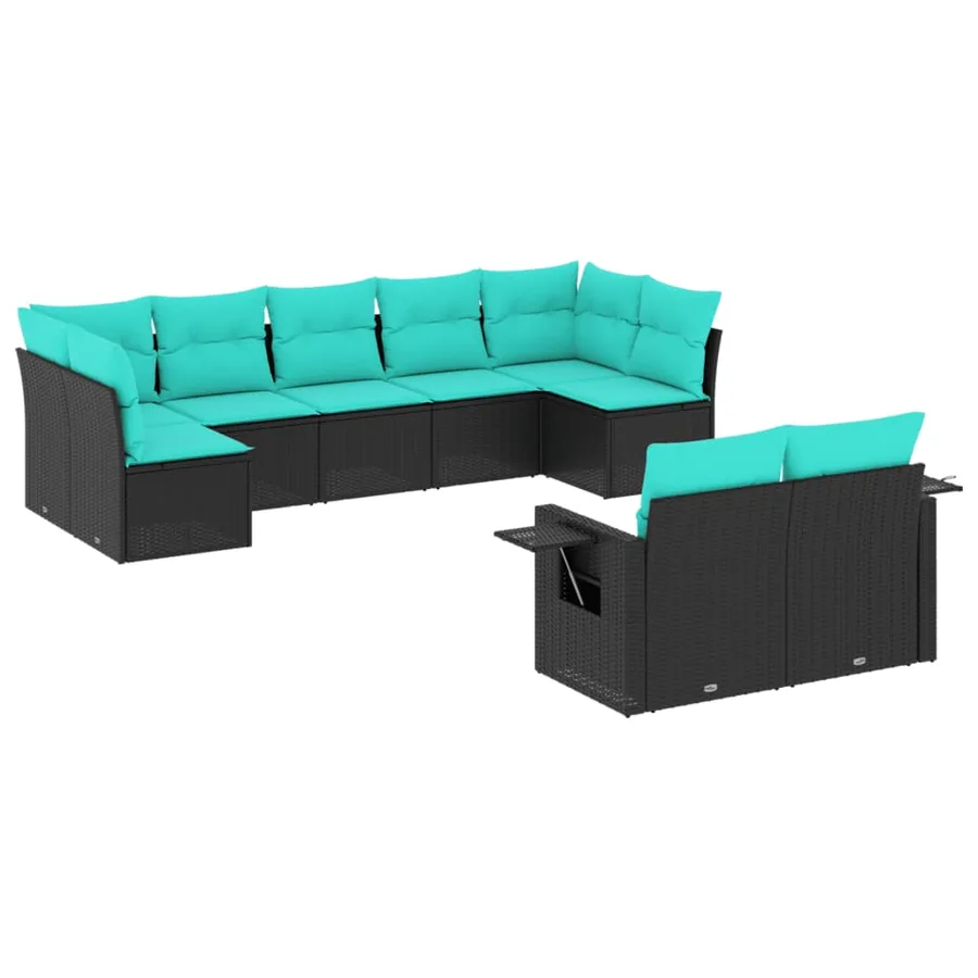 Salon de jardin 9 pcs avec coussins noir résine tressée - 2