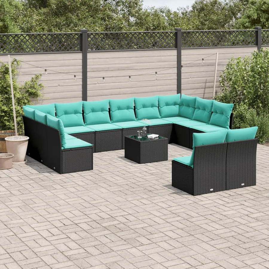 Ensemble de canapé de jardin 13 pcs avec coussins noir résine tressée