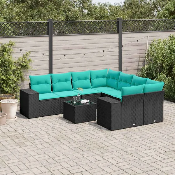Ensemble de canapé de jardin 9 pcs avec coussins noir résine tressée