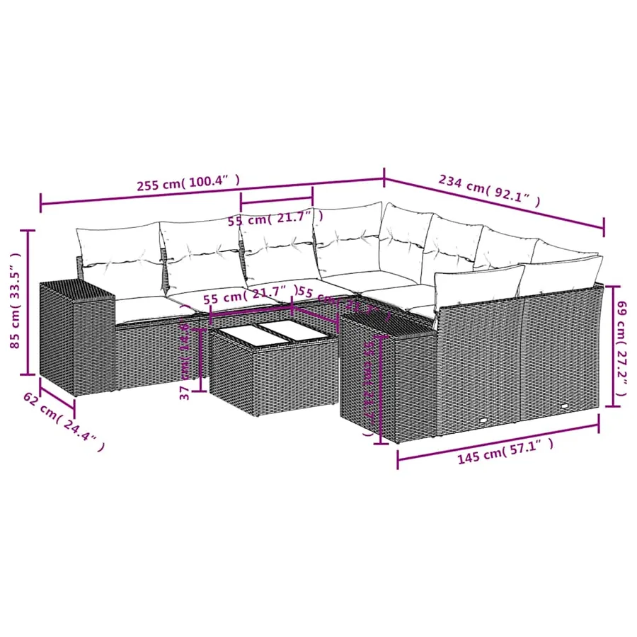 Ensemble de canapé de jardin 9 pcs avec coussins noir résine tressée - 8