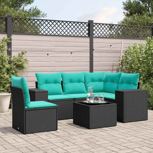 Ensemble de canapé de jardin 6 pcs avec coussins noir résine tressée