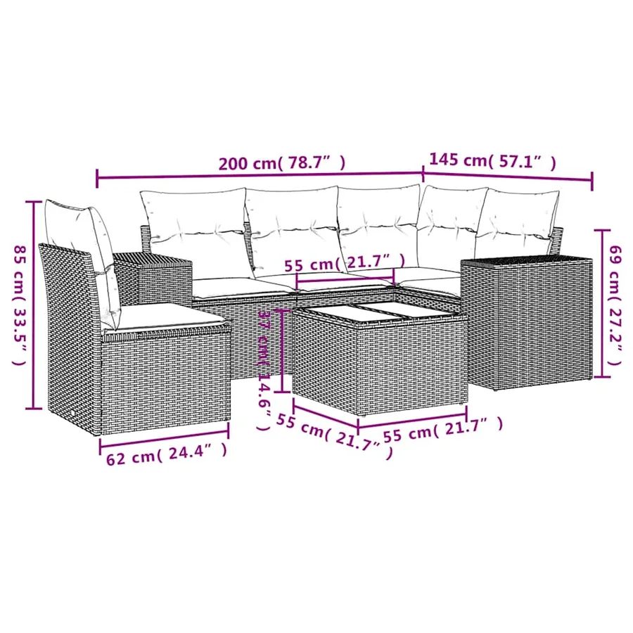 Ensemble de canapé de jardin 6 pcs avec coussins noir résine tressée - 8