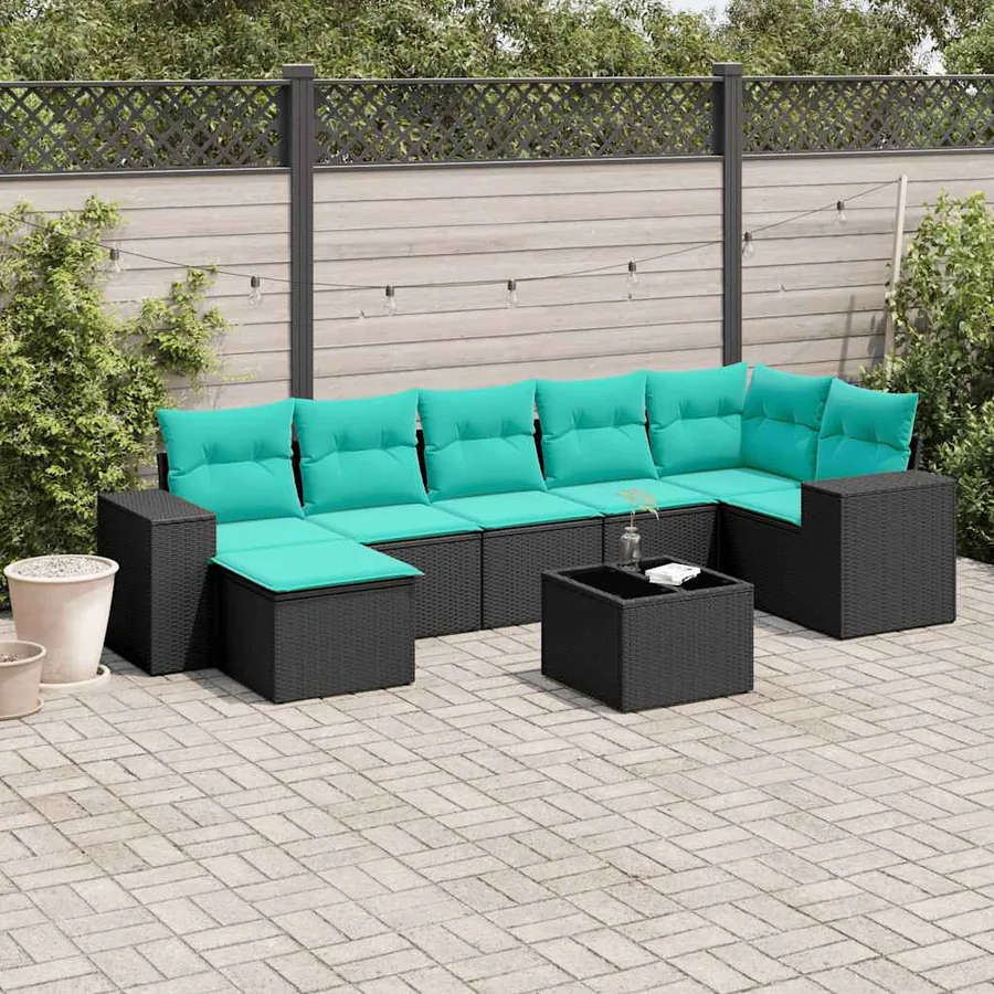 Ensemble de canapé de jardin 8 pcs avec coussins noir résine tressée