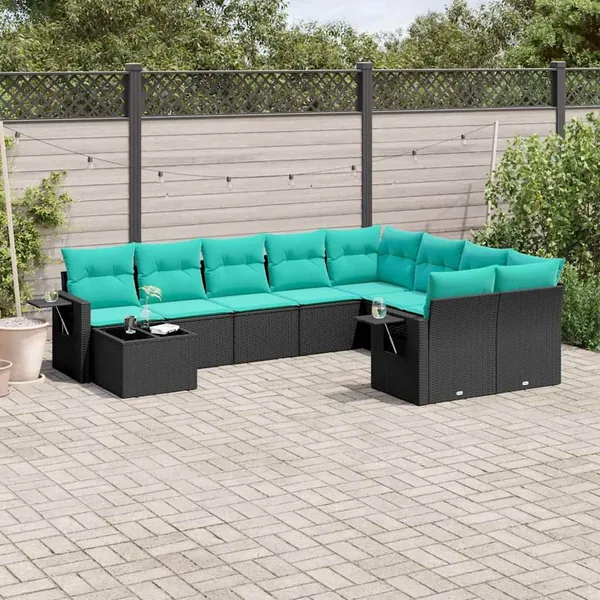 Ensemble de canapé de jardin 10 pcs avec coussins noir résine tressée