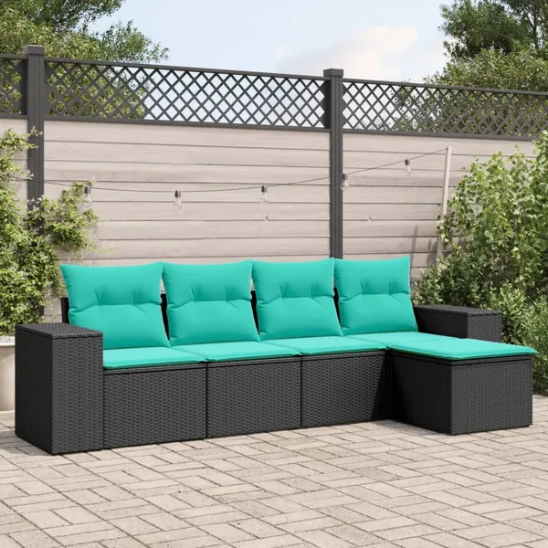 Salon de jardin 5 pcs avec coussins noir résine tressée