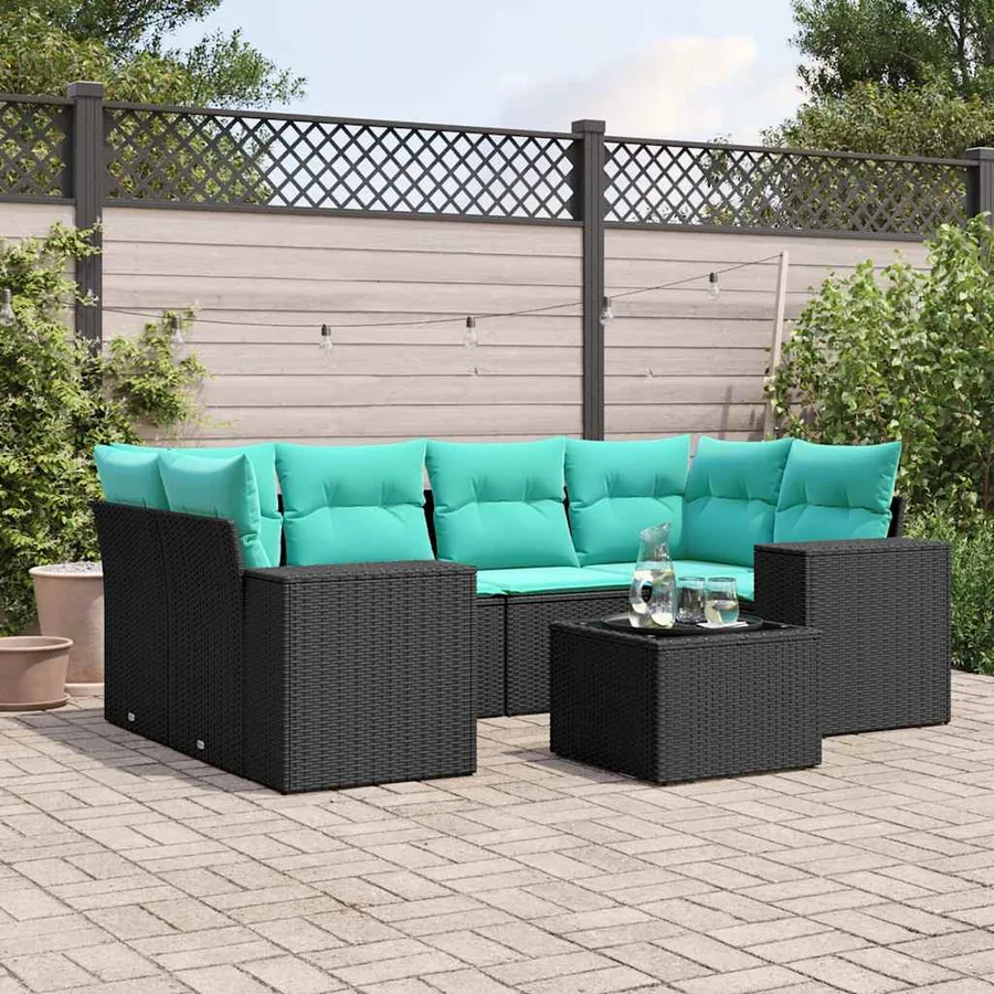Ensemble de canapé de jardin 7 pcs avec coussins noir résine tressée