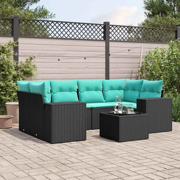 Ensemble de canapé de jardin 7 pcs avec coussins noir résine tressée