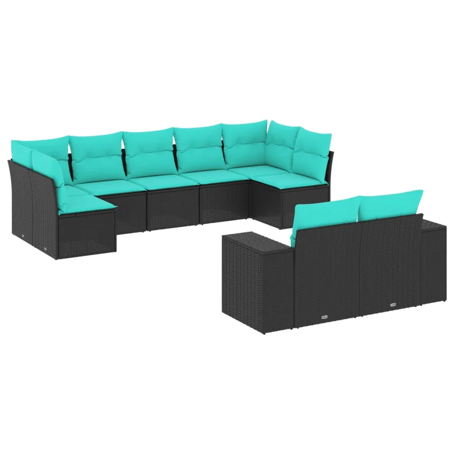Salon de jardin 9 pcs avec coussins noir résine tressée - 2
