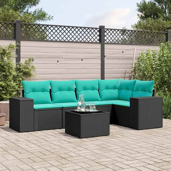Ensemble de canapé de jardin 6 pcs avec coussins noir résine tressée