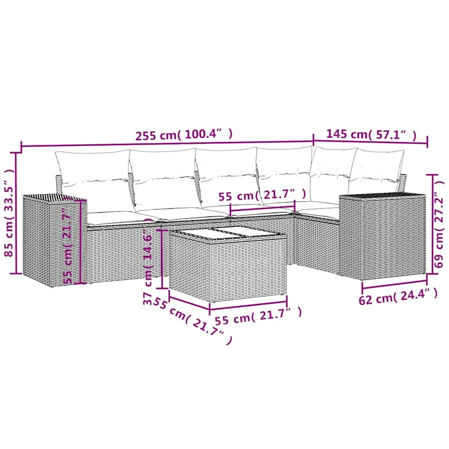 Ensemble de canapé de jardin 6 pcs avec coussins noir résine tressée - 8