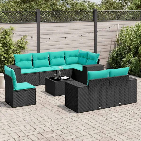 Ensemble de canapé de jardin 9 pcs avec coussins noir résine tressée