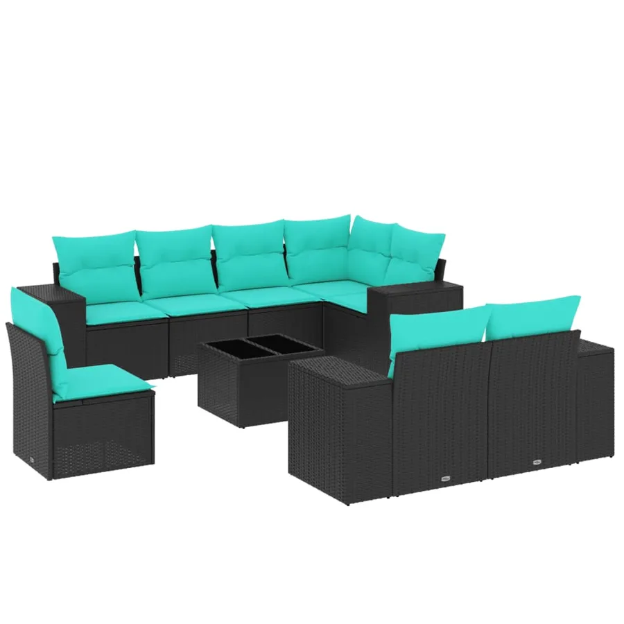 Ensemble de canapé de jardin 9 pcs avec coussins noir résine tressée - 2