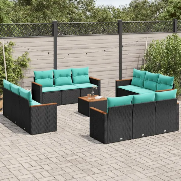 Ensemble de canapé de jardin 13 pcs avec coussins noir résine tressée