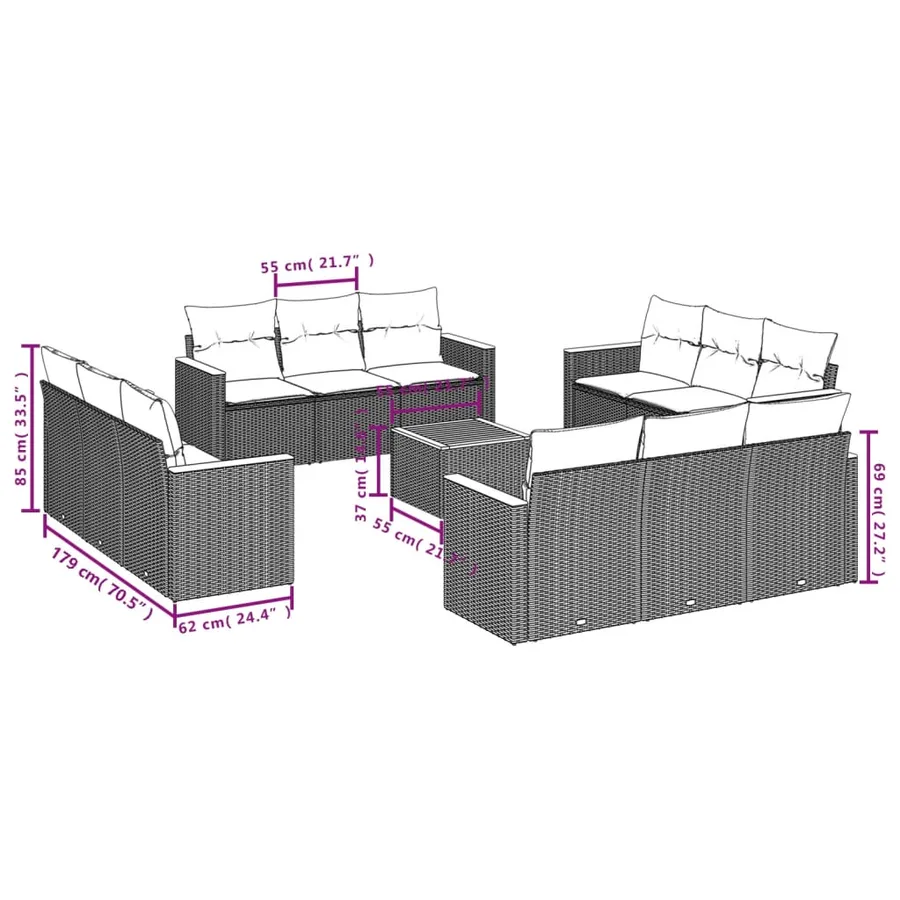 Ensemble de canapé de jardin 13 pcs avec coussins noir résine tressée - 8
