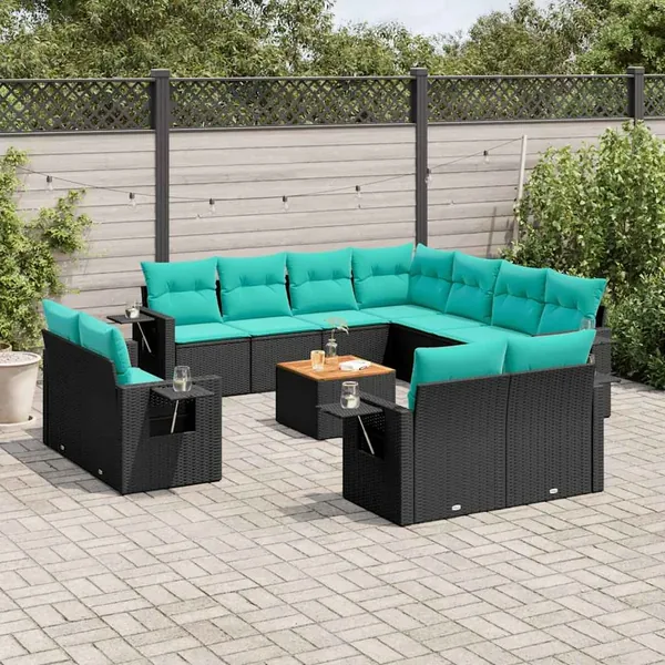 Ensemble de canapé de jardin 12 pcs avec coussins noir résine tressée
