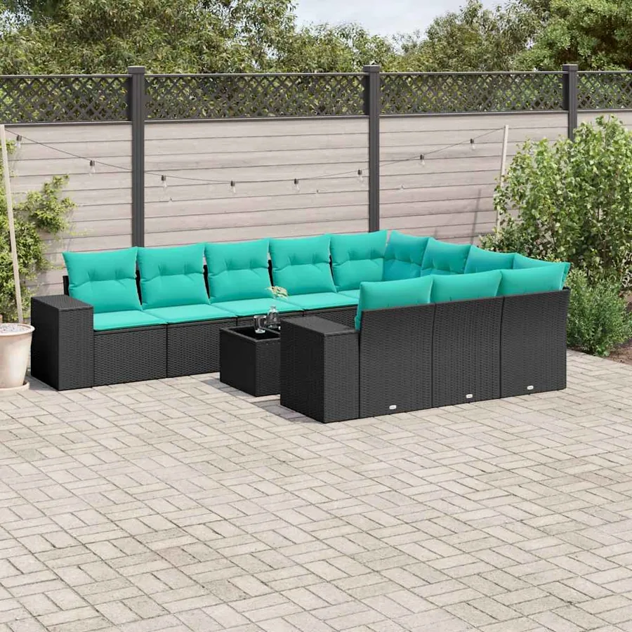 Ensemble de canapé de jardin 11 pcs avec coussins noir résine tressée