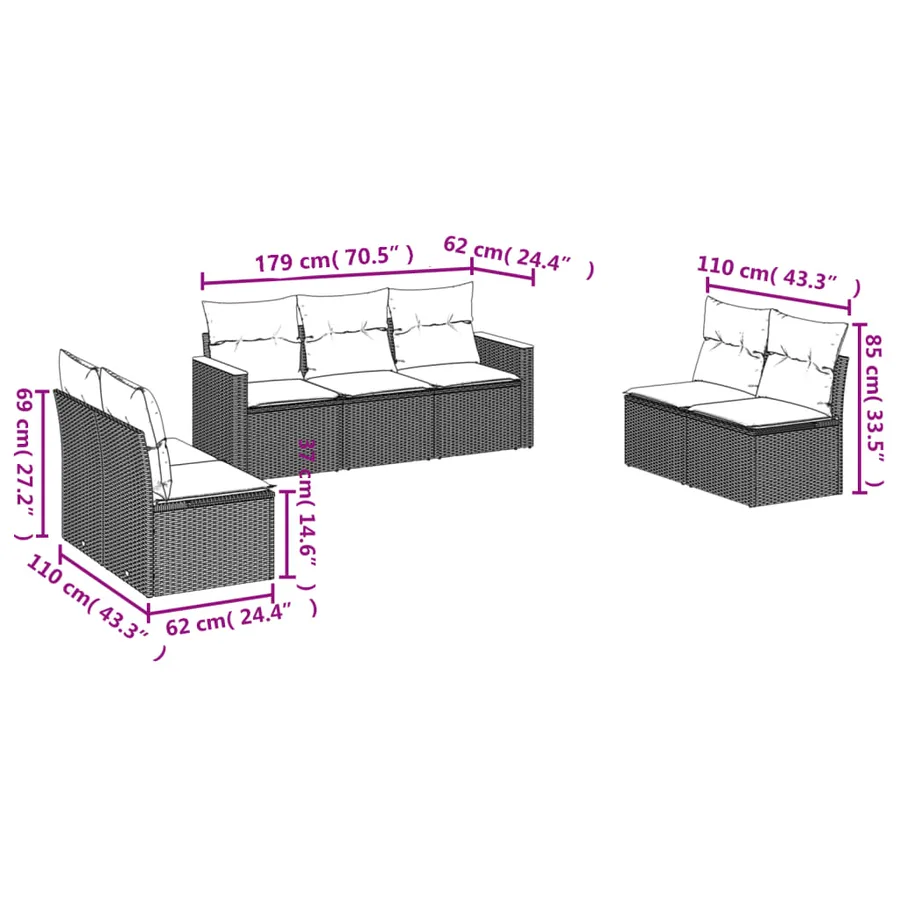 Salon de jardin 7 pcs avec coussins noir résine tressée 55 x 62 x 69 cm - 53,8 kg - 7
