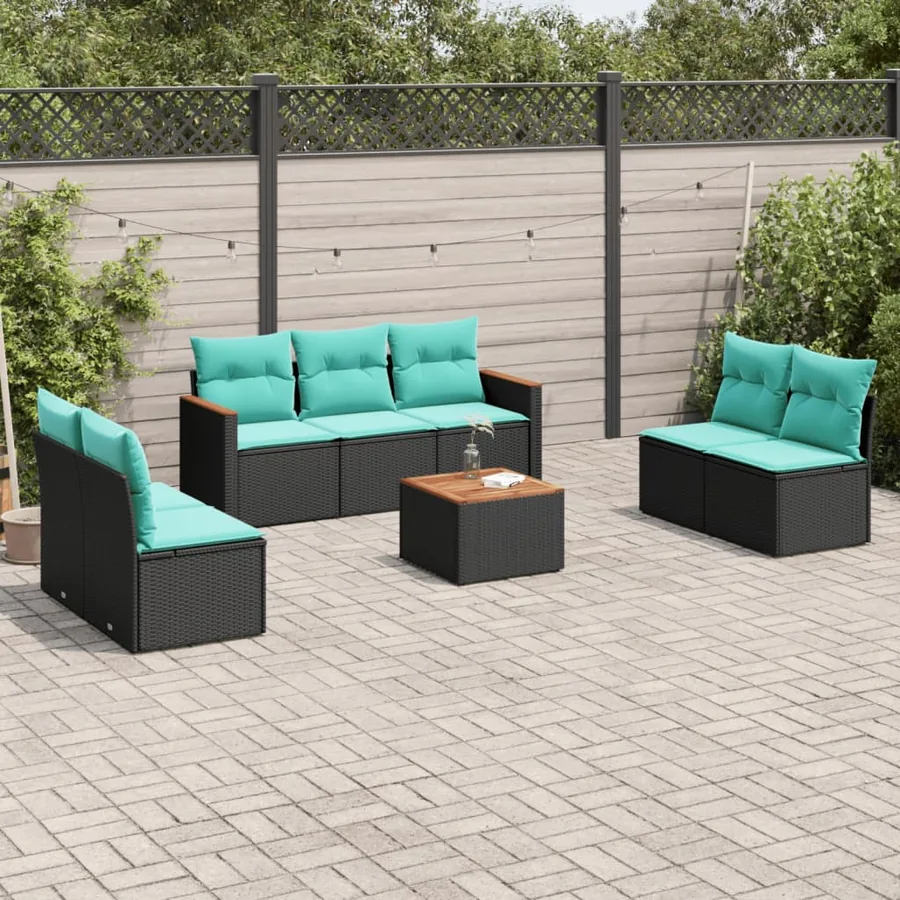 Ensemble de canapé de jardin 8 pcs avec coussins noir résine tressée