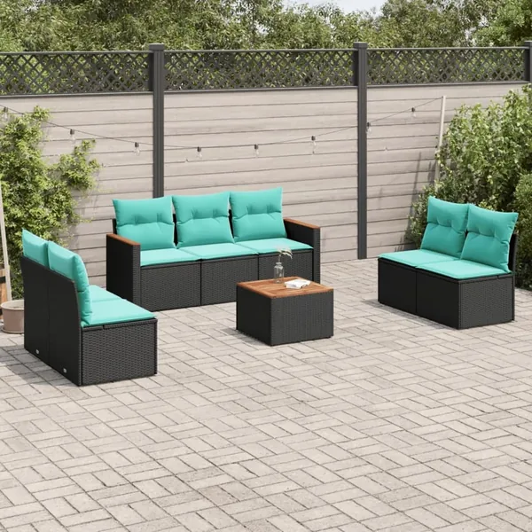Ensemble de canapé de jardin 8 pcs avec coussins noir résine tressée