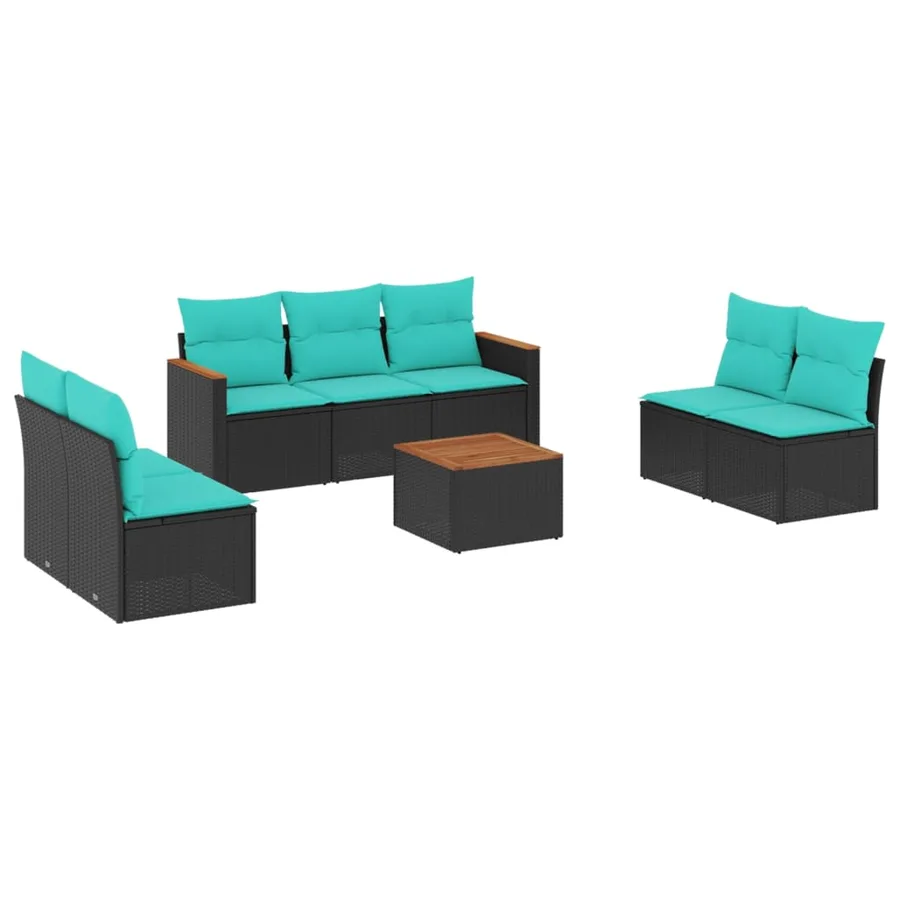 Ensemble de canapé de jardin 8 pcs avec coussins noir résine tressée - 2