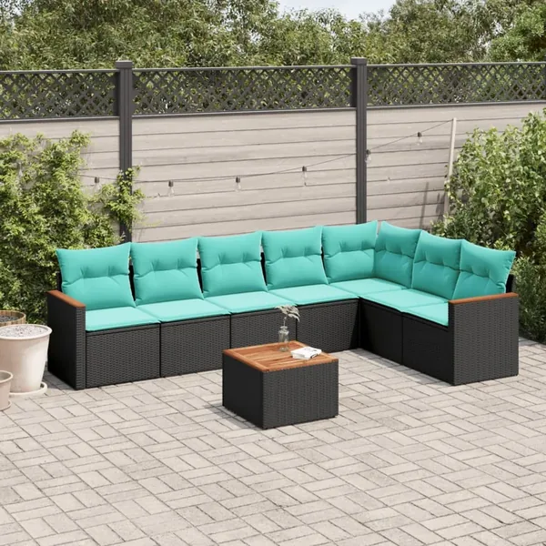 Ensemble de canapé de jardin 8 pcs avec coussins noir résine tressée