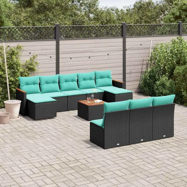 Ensemble de canapé de jardin 11 pcs avec coussins noir résine tressée