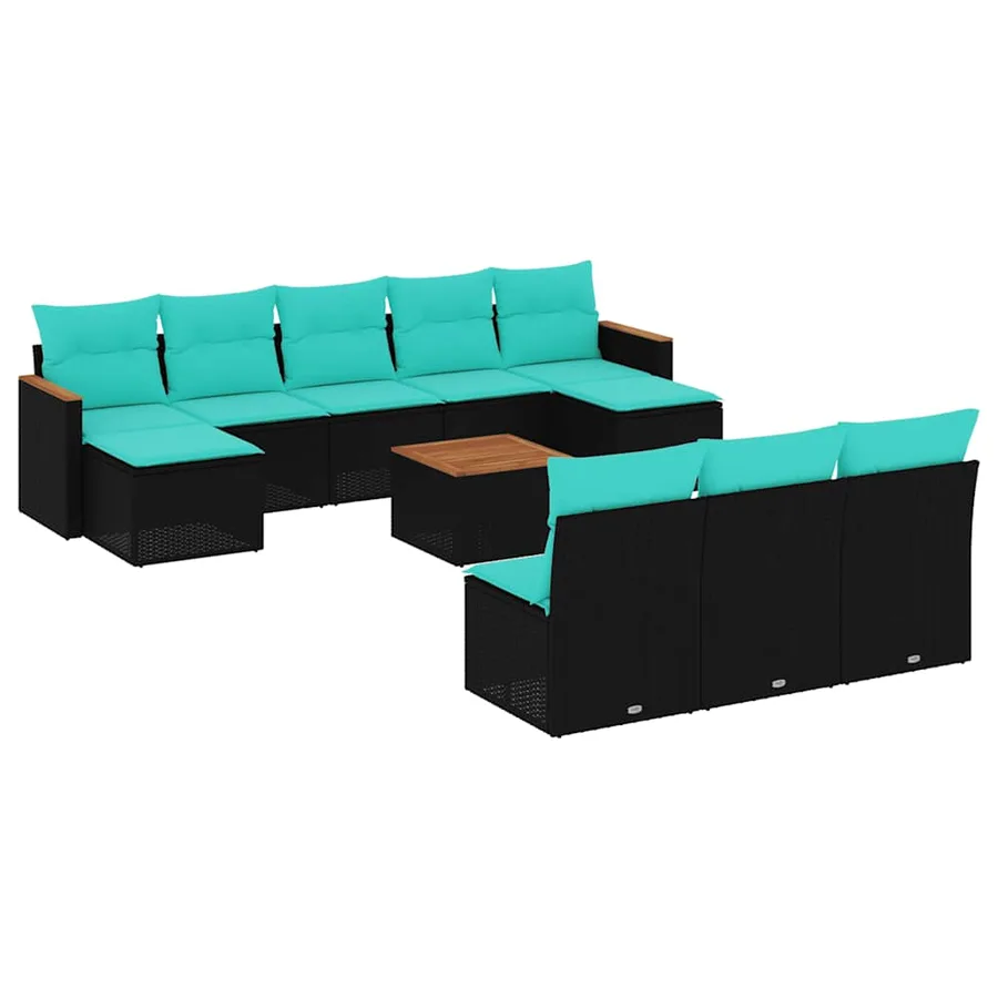 Ensemble de canapé de jardin 11 pcs avec coussins noir résine tressée - 2