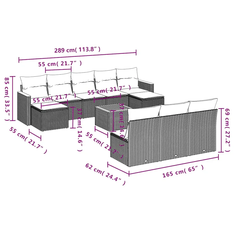 Ensemble de canapé de jardin 11 pcs avec coussins noir résine tressée - 9