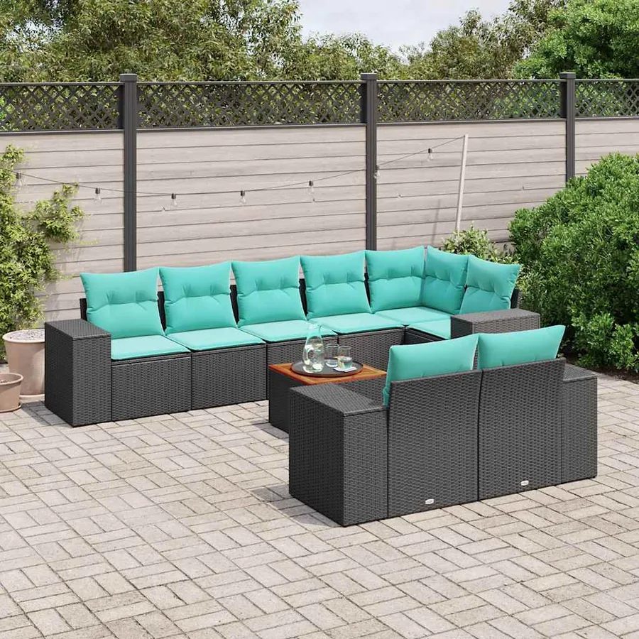 Ensemble de canapé de jardin 9 pcs avec coussins noir résine tressée