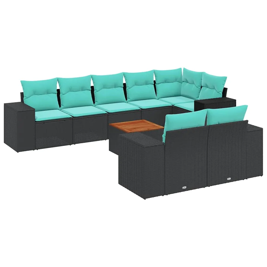 Ensemble de canapé de jardin 9 pcs avec coussins noir résine tressée - 2