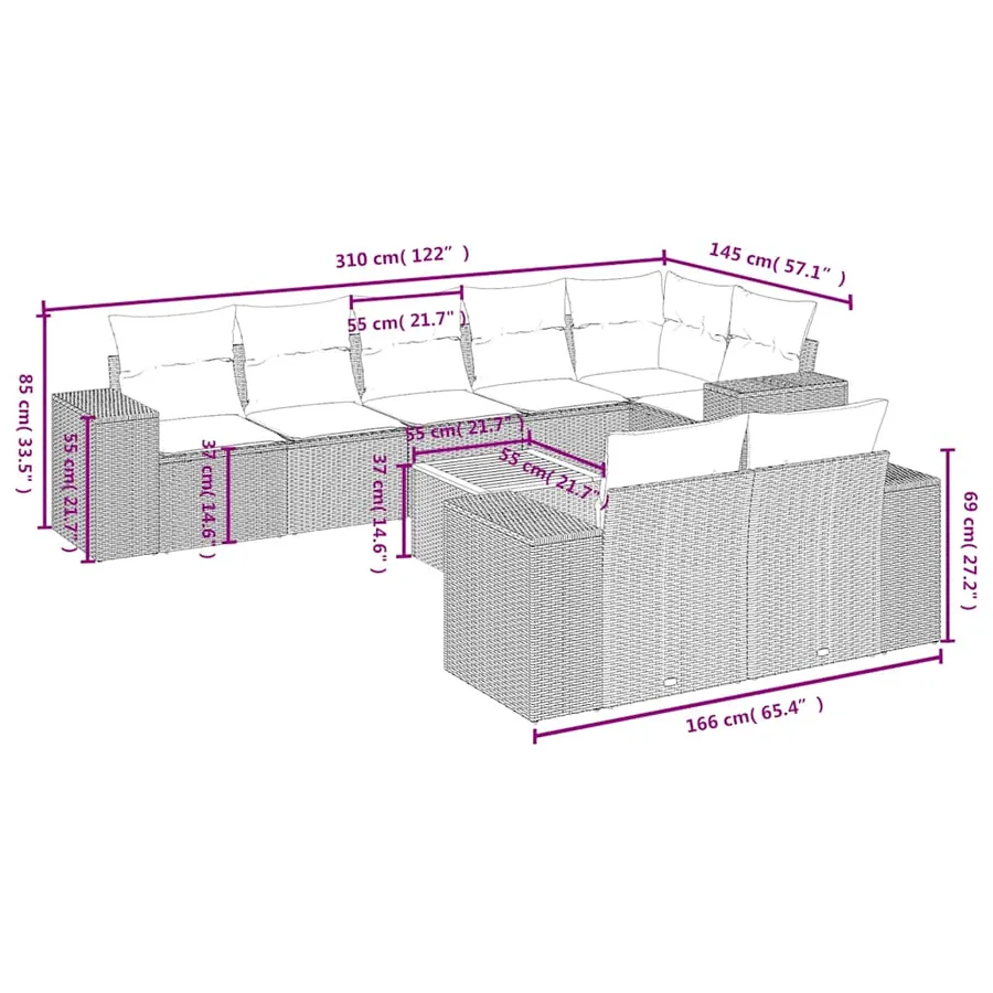 Ensemble de canapé de jardin 9 pcs avec coussins noir résine tressée - 8