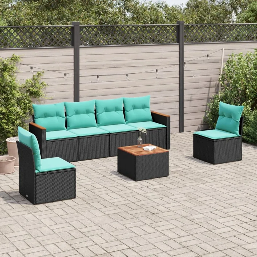 Ensemble de canapé de jardin 7 pcs avec coussins noir résine tressée